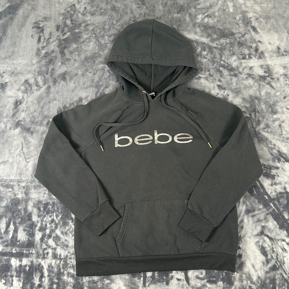 Bebe Sport Hoodie Womens Large Black Metallic Logo Pullover Raglan Athleisure